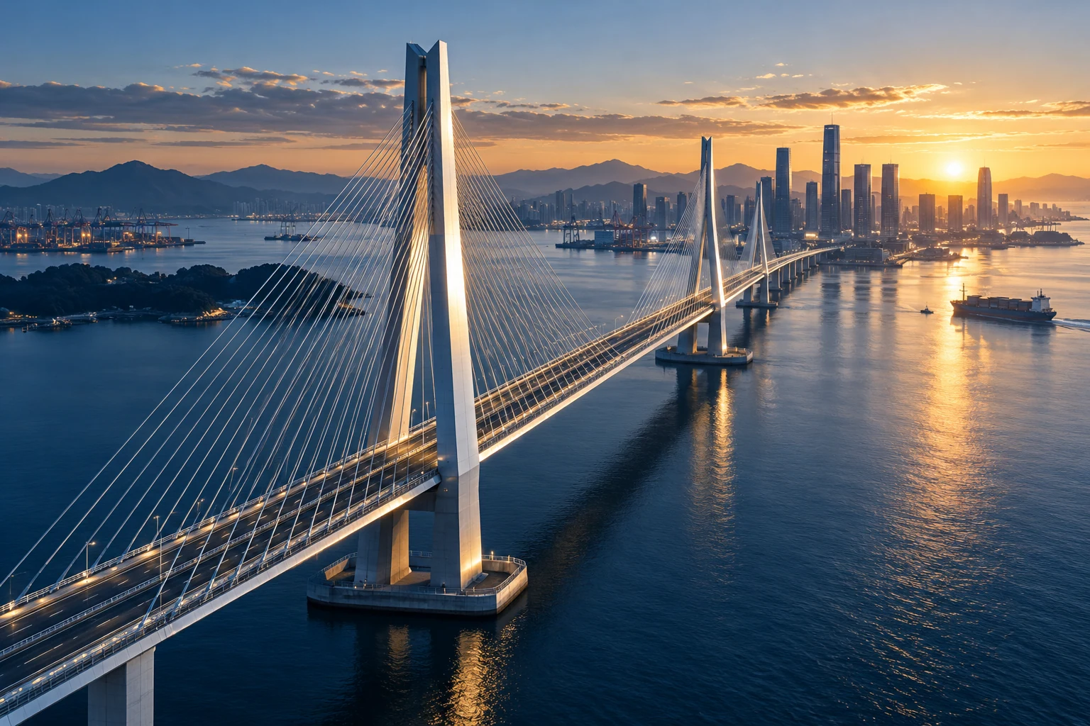 A bridge connecting a coastal commercial city and harbour at sunrise