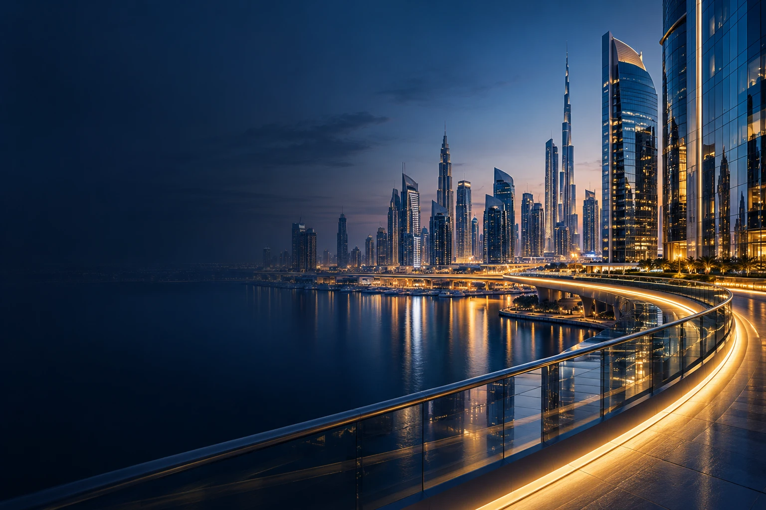 Illustrative glass architecture and gold light connecting a global business district