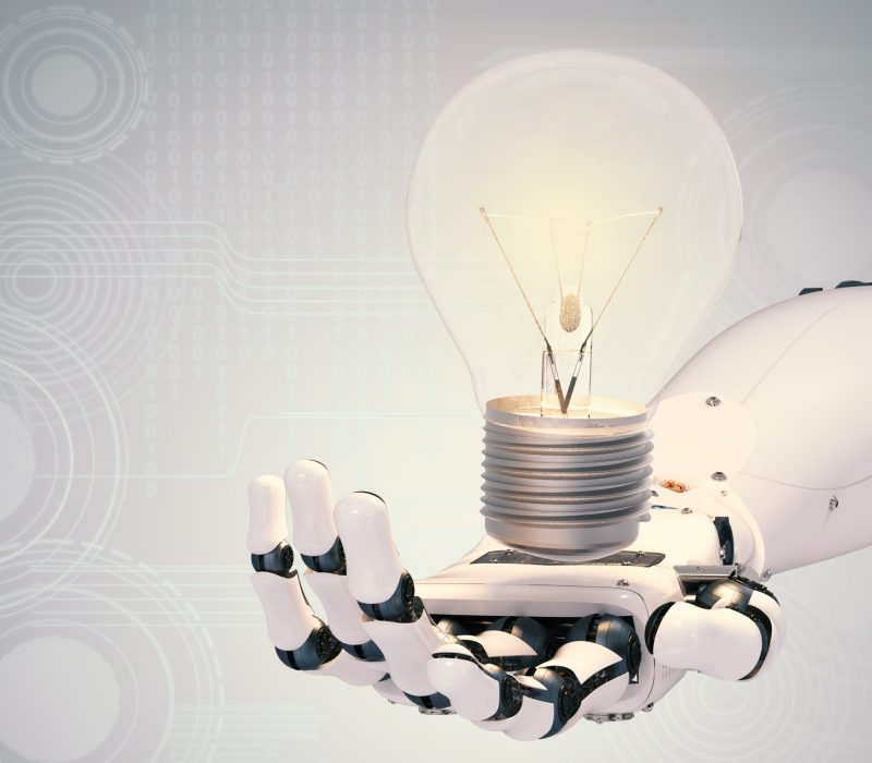 3D rendering of a robotic hand holding a light bulb